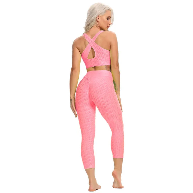 "Ultimate Yoga Powerhouse: Stylish Yoga Set - Sculpting Gym Top, Comfy High Waist Capri Leggings, Supportive Sports Bra - Perfect 2-Piece Athletic Wear Set"