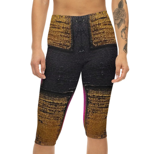 "Queennoble Women'S Capri Leggings - Stylish Golden Black Pink Design for the Fashion-Forward"