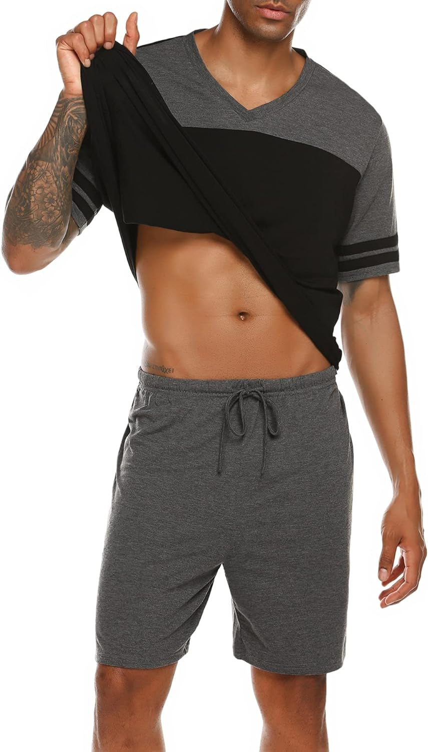 "Ultimate Comfort Men'S Pajama Set: Short Sleeve V-Neck Sleepwear with Shorts - Stylish 2 Piece Nightwear Set in Sizes S-XXXL"