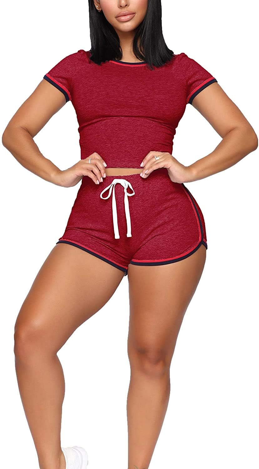 "Stylish Biker Shorts Set for Women - Trendy Crop Top + Skinny Shorts Tracksuit in Medium Wine Red"