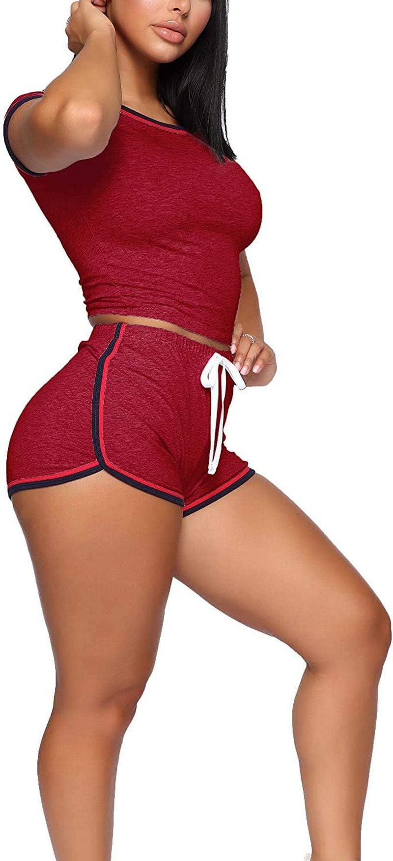 "Stylish Biker Shorts Set for Women - Trendy Crop Top + Skinny Shorts Tracksuit in Medium Wine Red"