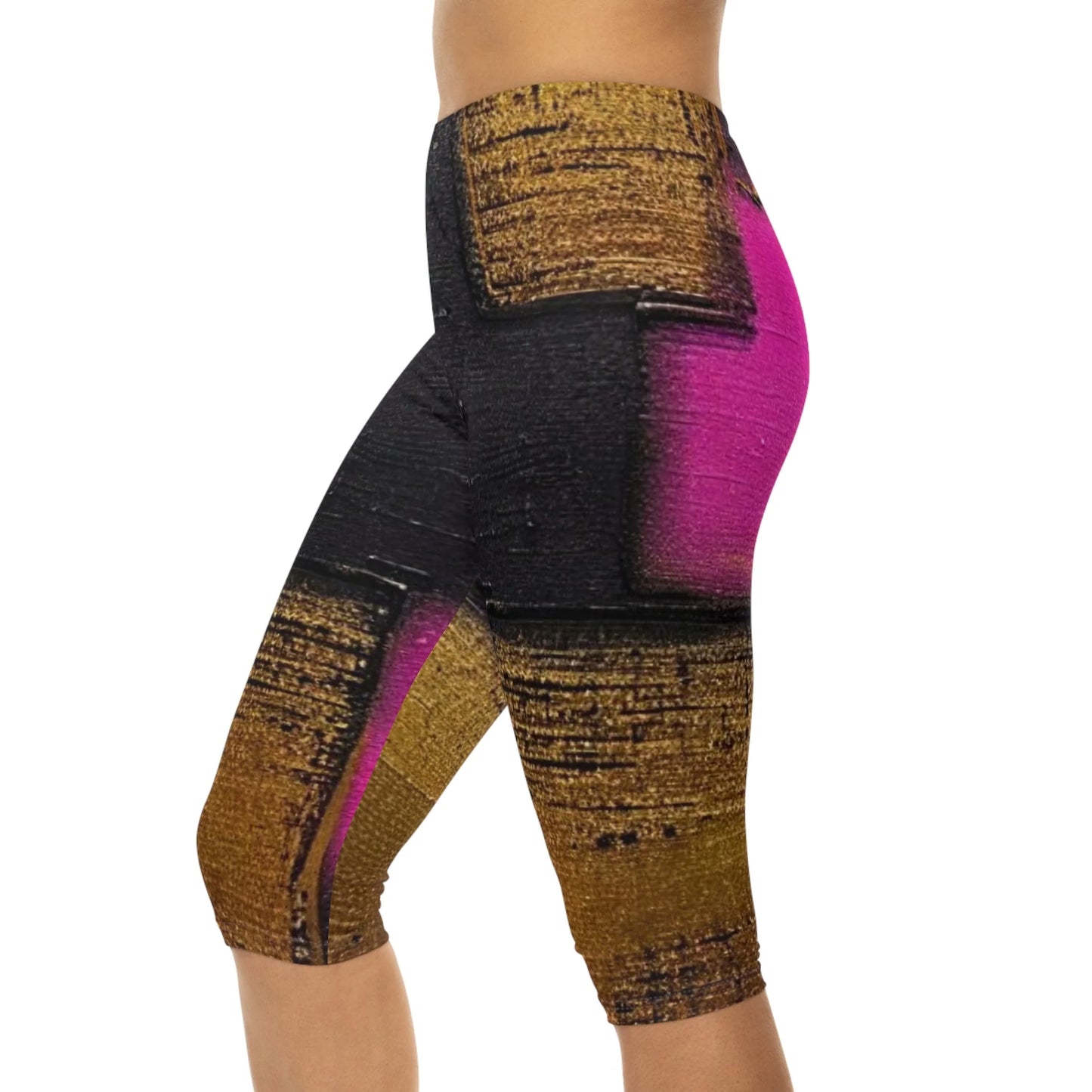 "Queennoble Women'S Capri Leggings - Stylish Golden Black Pink Design for the Fashion-Forward"