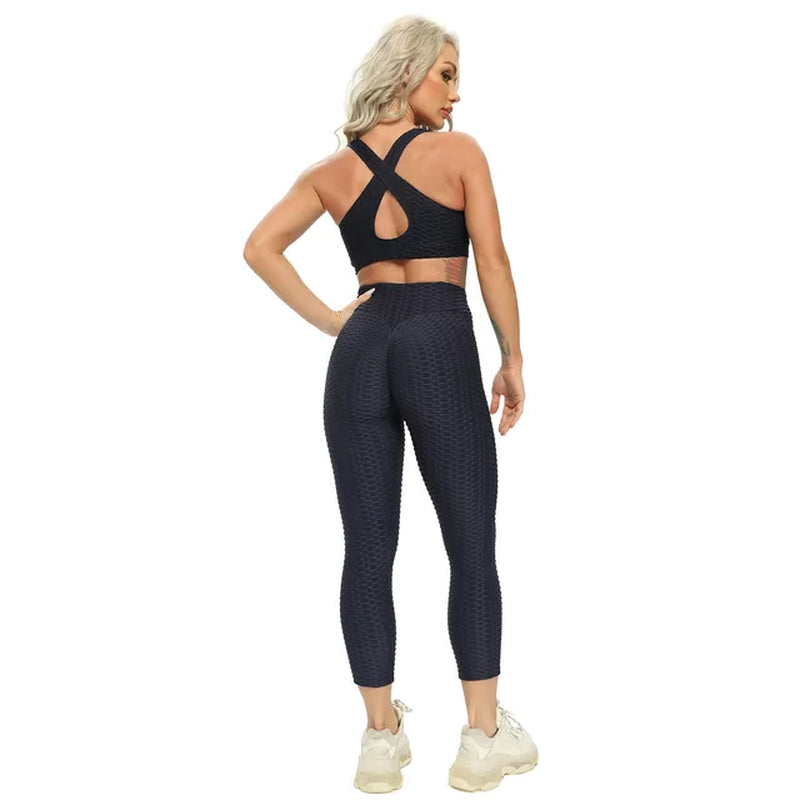 "Ultimate Yoga Powerhouse: Stylish Yoga Set - Sculpting Gym Top, Comfy High Waist Capri Leggings, Supportive Sports Bra - Perfect 2-Piece Athletic Wear Set"