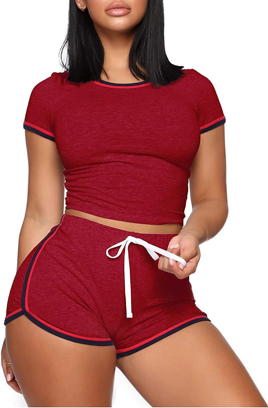 "Stylish Biker Shorts Set for Women - Trendy Crop Top + Skinny Shorts Tracksuit in Medium Wine Red"