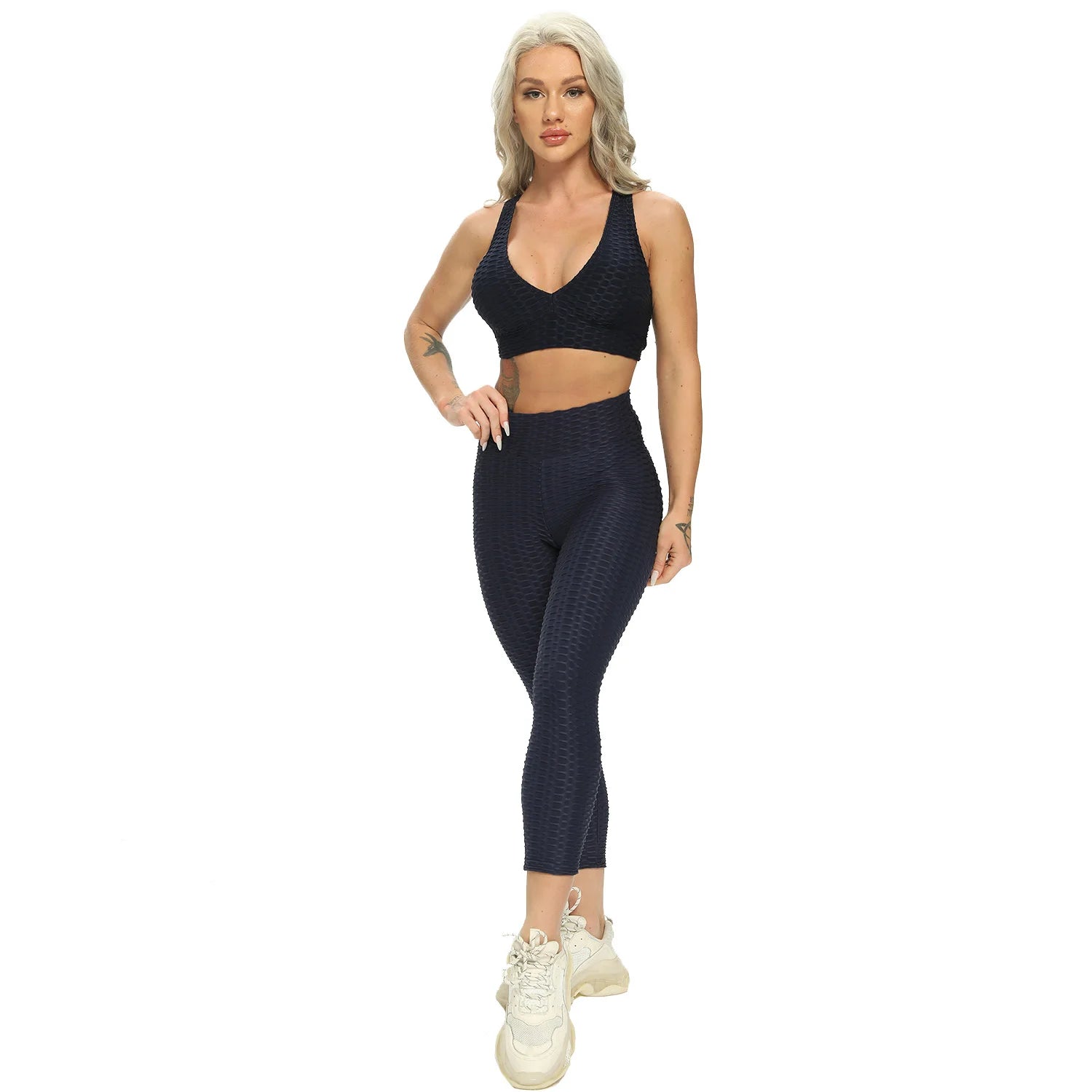 "Ultimate Yoga Powerhouse: Stylish Yoga Set - Sculpting Gym Top, Comfy High Waist Capri Leggings, Supportive Sports Bra - Perfect 2-Piece Athletic Wear Set"