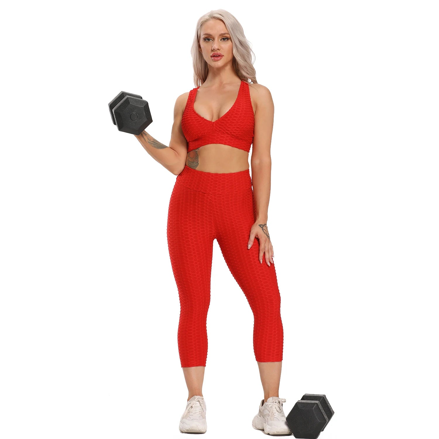 "Ultimate Yoga Powerhouse: Stylish Yoga Set - Sculpting Gym Top, Comfy High Waist Capri Leggings, Supportive Sports Bra - Perfect 2-Piece Athletic Wear Set"